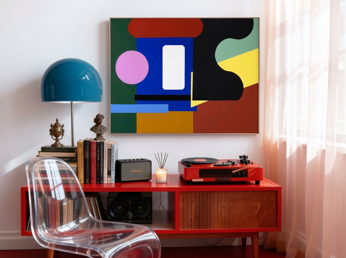 Mid-century modern living room with abstract geometric wall art, record player, books, blue dome lamp, red credenza, and clear acrylic chair