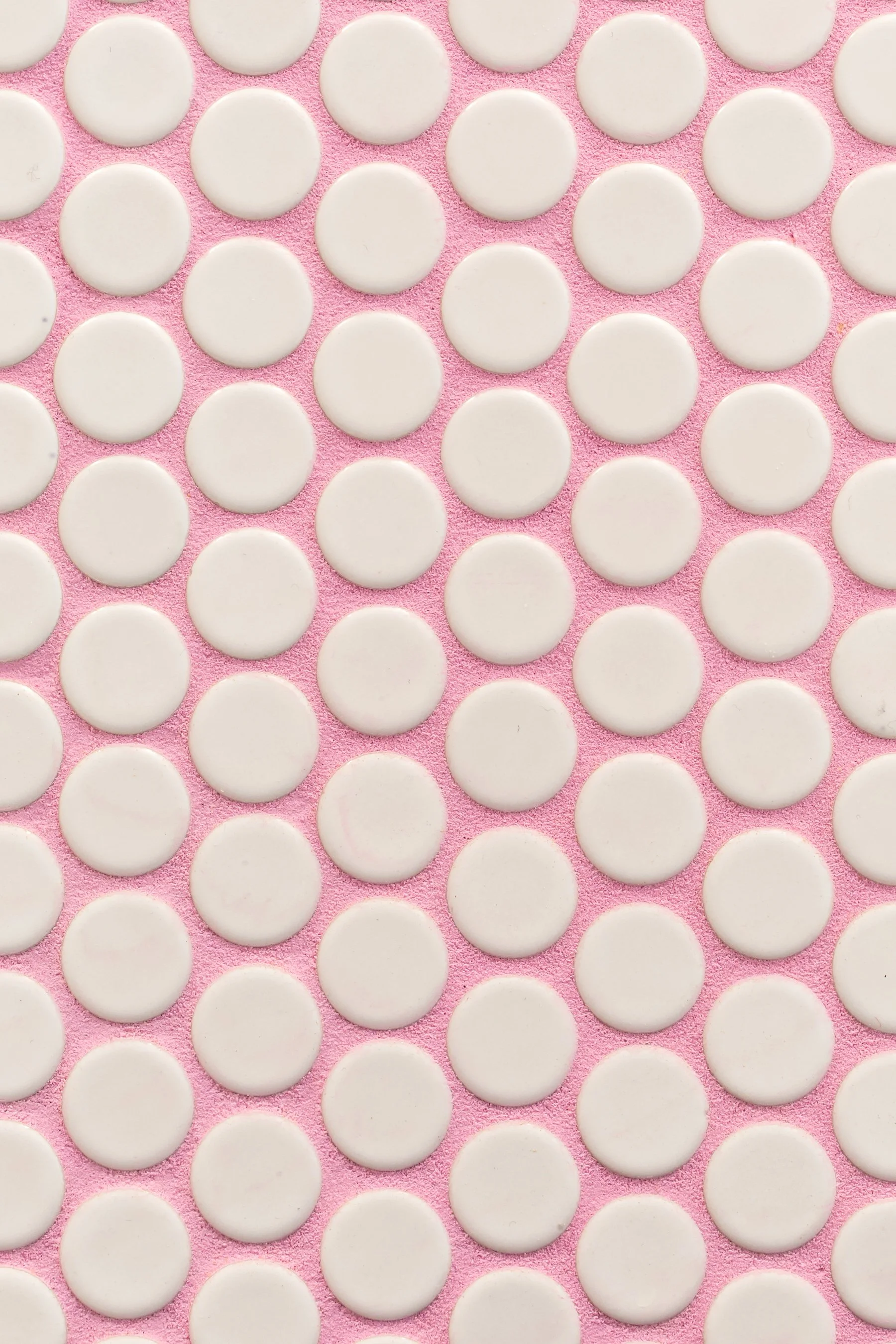 Close detail of the white penny round tile set in pink grout