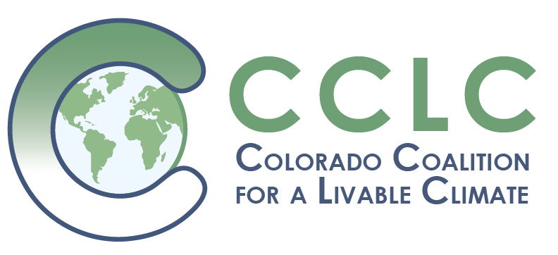 Logo for Colorado Coalition for a Livable Climate, featuring a stylized globe with North America and Europe, and the acronym CCLC with the full name written below.