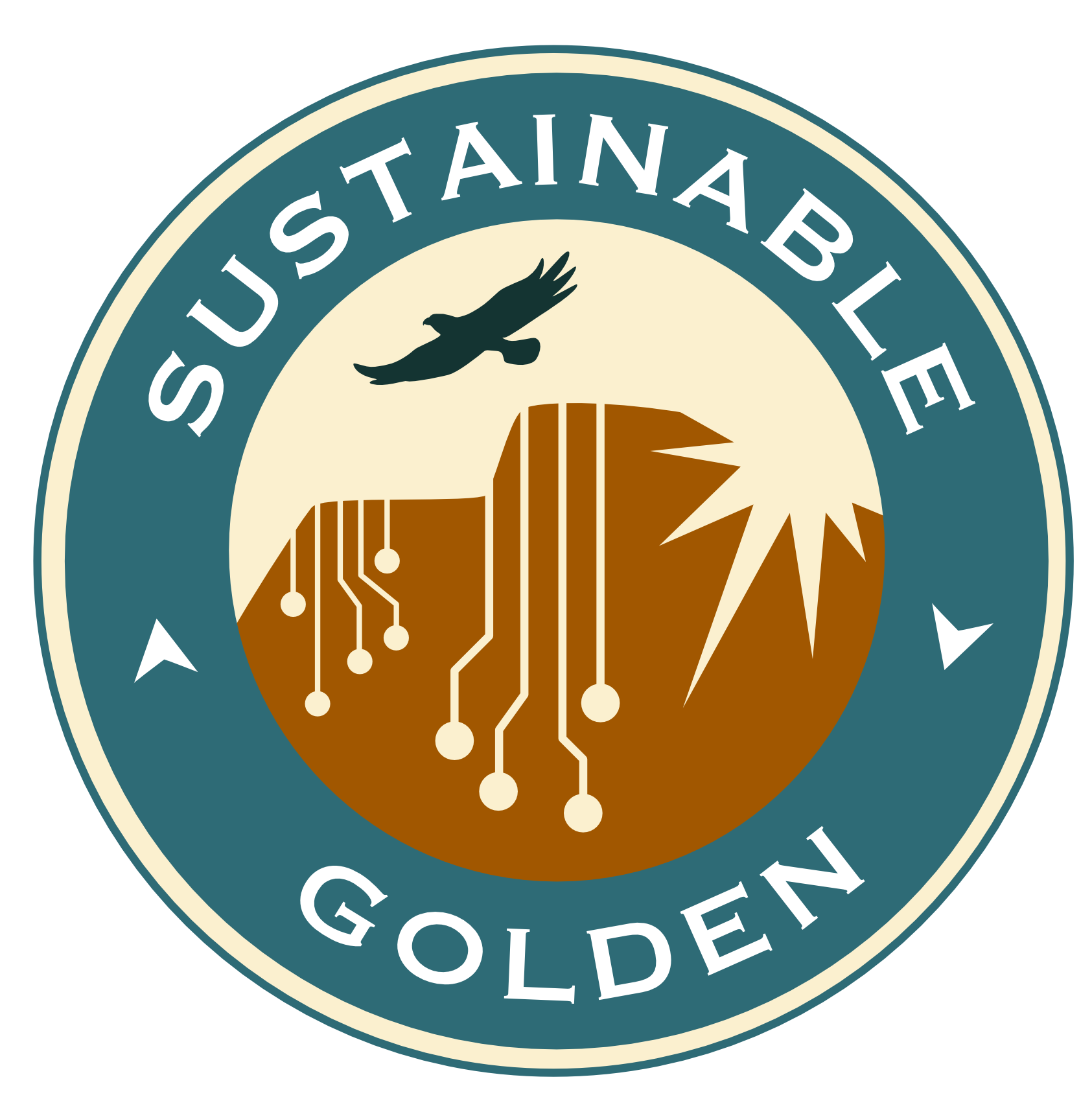 A circular emblem with the words 'USTAINAB LANGUAGE GOLDEN' around the edge, featuring a graphic of a bird flying over a circuit board and a bright star.
