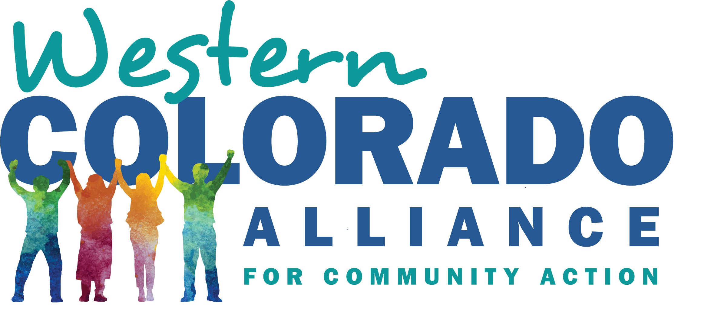 Logo for Western Colorado Alliance with colorful silhouettes of five people raising their hands, with text highlighting community action and inclusion.