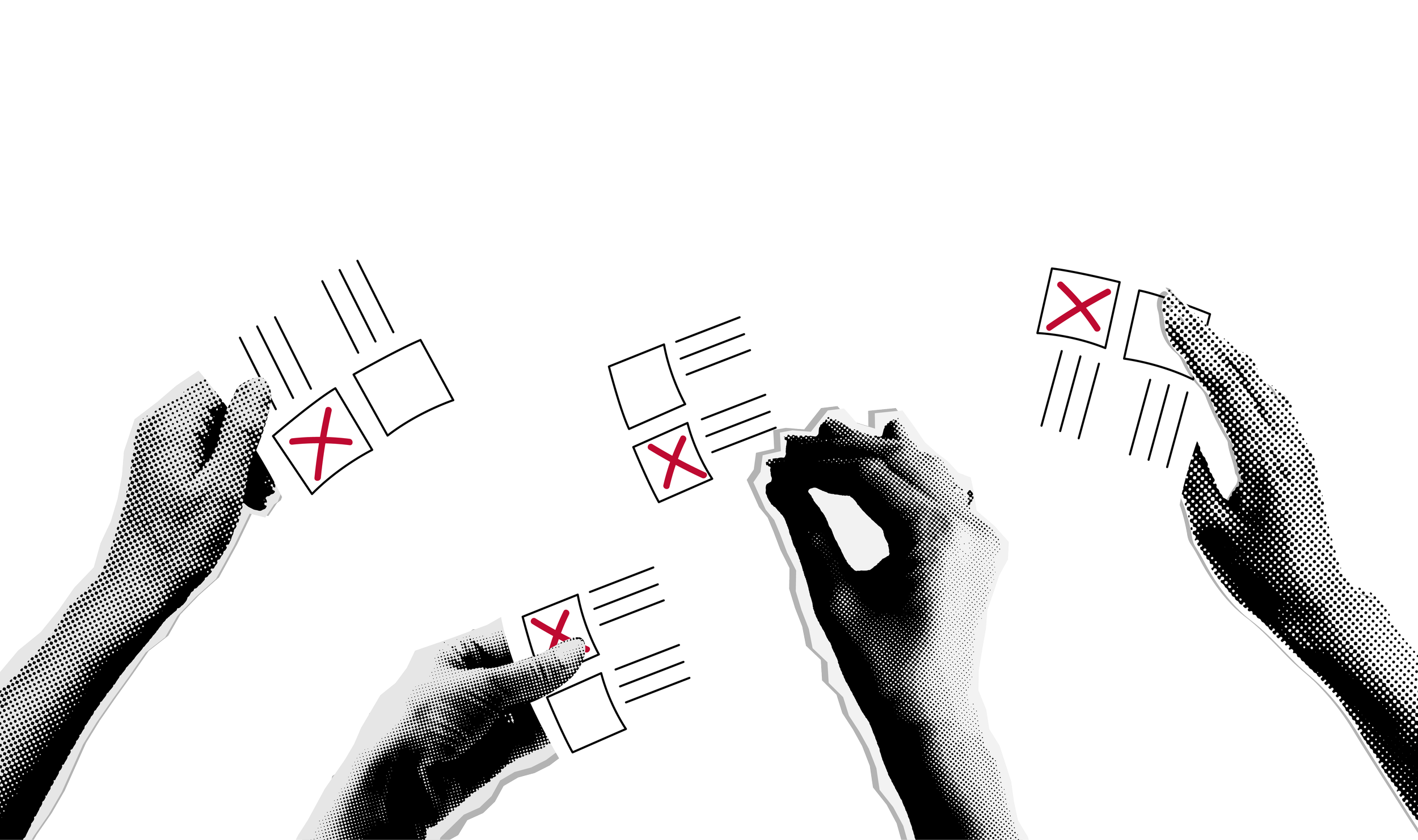 A cutout collage image of four hands holding ballots with an "x" marked.