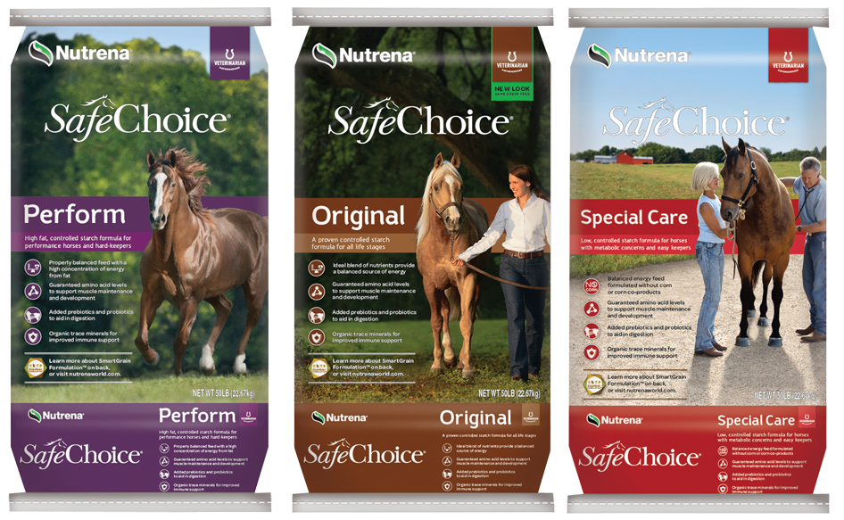 Three bags of Nutrena SafeChoice horse feed labeled Perform, Original, and Special Care, each featuring a horse and a person on a farm background.