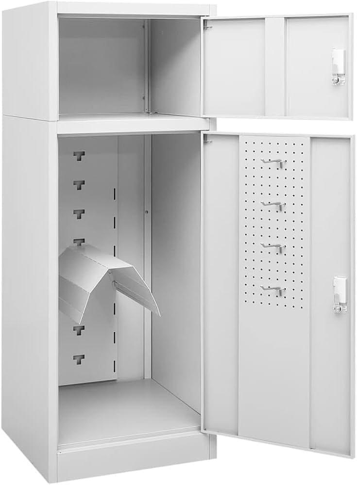 Empty white metal storage cabinet with two doors, vertical slots on the left door, and a pegboard on the right door, with hooks attached.