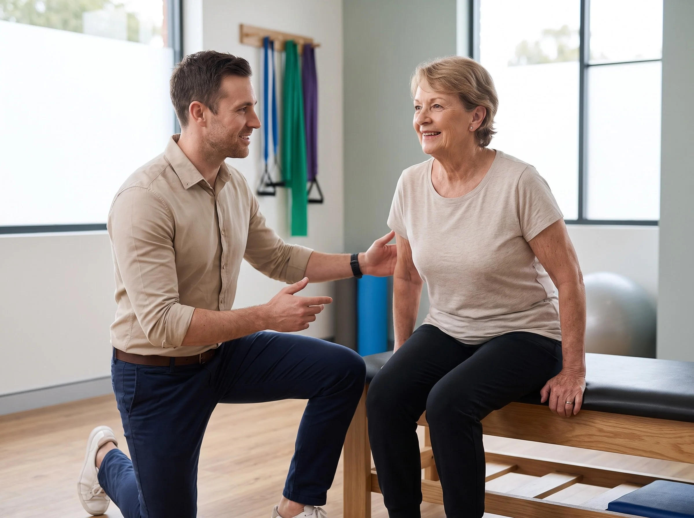 Health practitioner assessing a patient's strength during an exercise assessment as part of evidence-informed sarcopenia care.