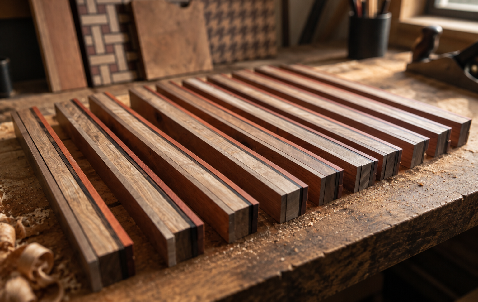 Woodworking workshop with contrasting hardwood strips being assembled into a laminated panel.