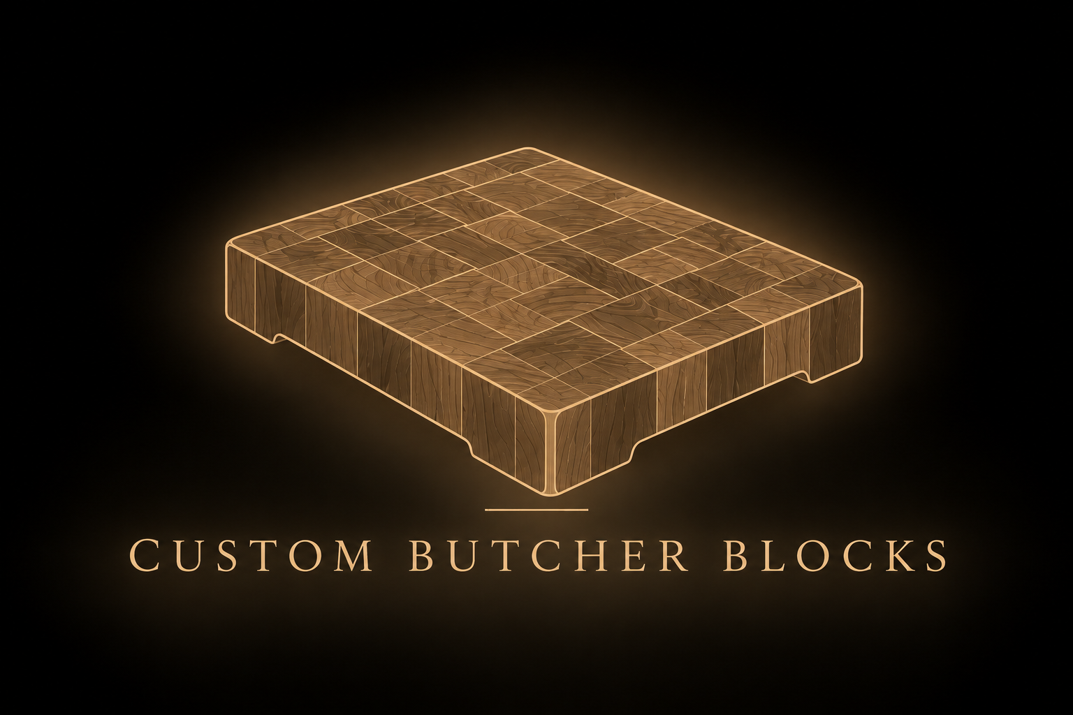 Illustrated butcher block with the words “CUSTOM BUTCHER BLOCKS” in gold on a dark background.