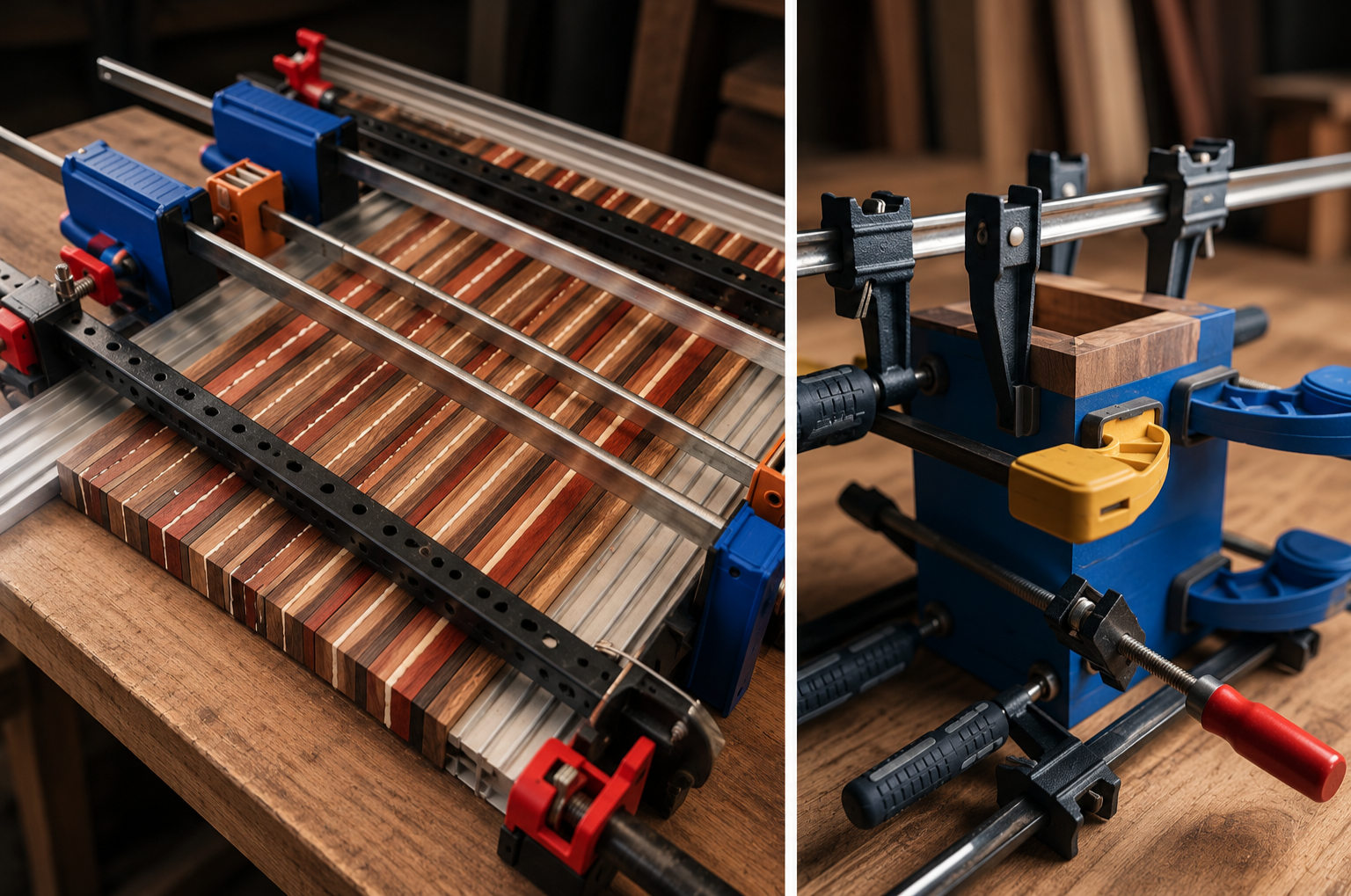 Woodworking jig securing contrasting hardwood strips during precision assembly.