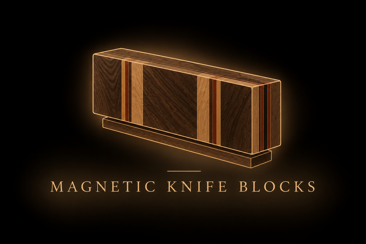 Illustrated magnetic knife block with the words “MAGNETIC KNIFE BLOCKS” in gold on a dark background.