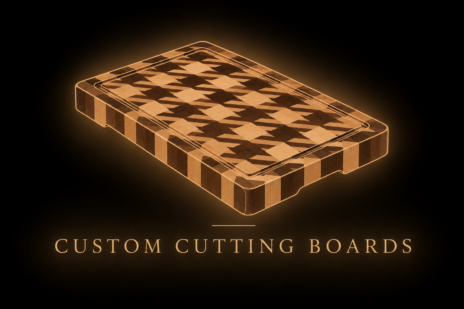 Illustrated custom cutting board with the words “CUSTOM CUTTING BOARDS” in gold on a dark background.