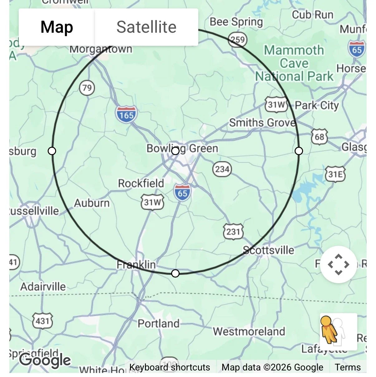 Map of the Bowling Green, Kentucky area showing a circular boundary with key cities and highways labeled.