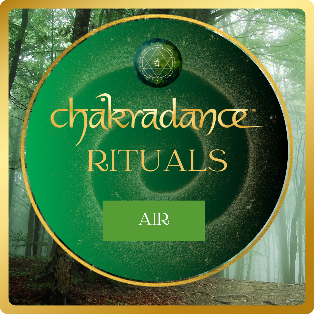 A circular label with the words 'Chakrdance Rituals' and 'Air' overlaid on a forest background with sunlight filtering through trees.