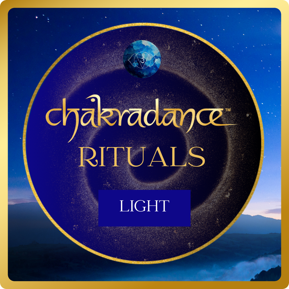 Packaging design for Chakradance Rituals Light, featuring a night sky background with stars, a mountain landscape at the bottom, and a circular logo with a blue orb and golden text.