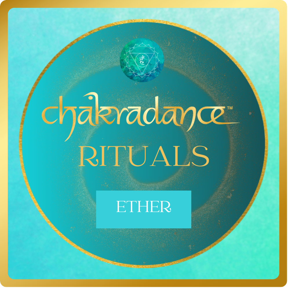 Packaging label for Chakradance Rituals Ether, featuring a teal and gold color scheme with a geometric design and a small circular logo at the top.