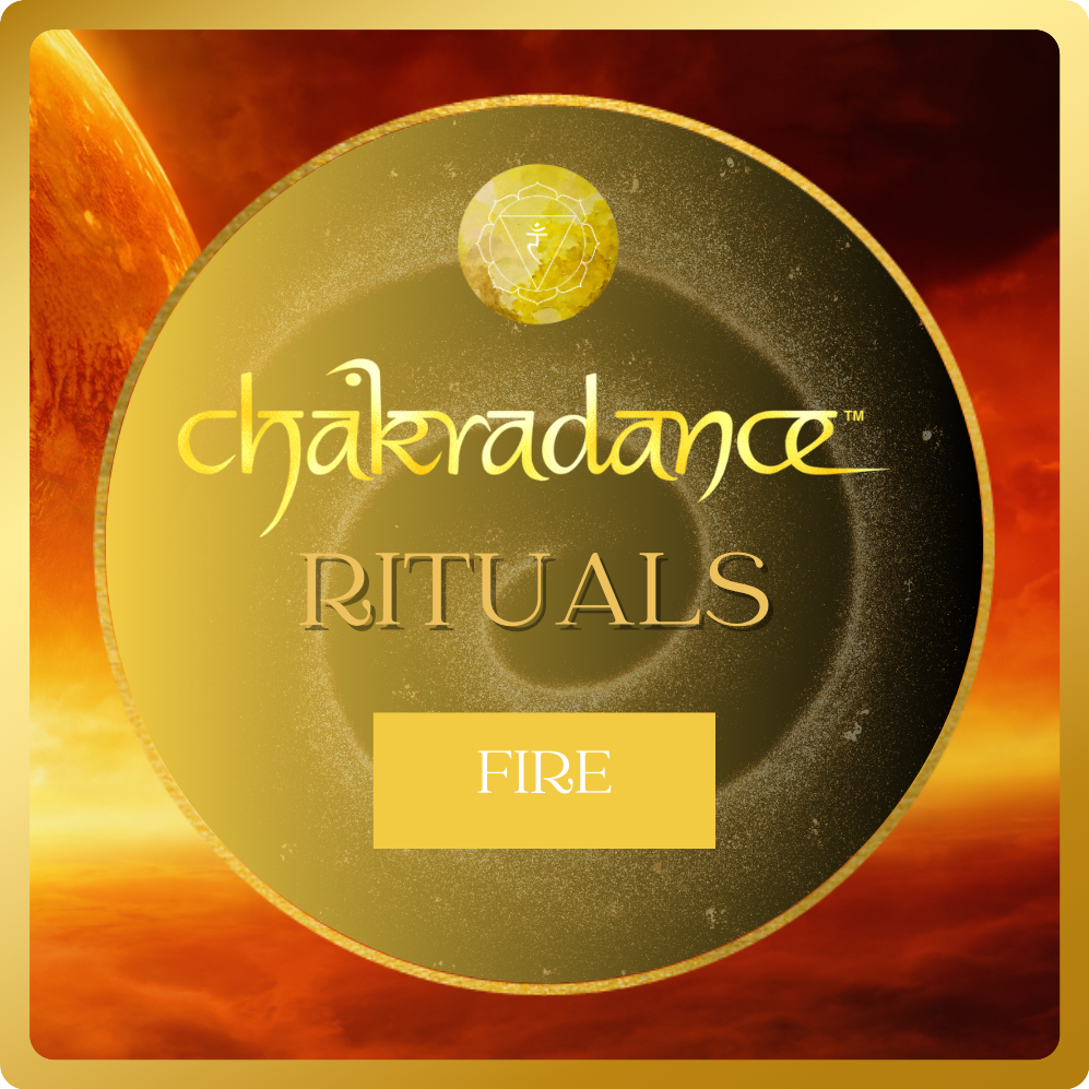Packaging for Chakradance rituals with a focus on fire, featuring a dark circular design with a yellow and orange background reminiscent of flames and fire element symbol