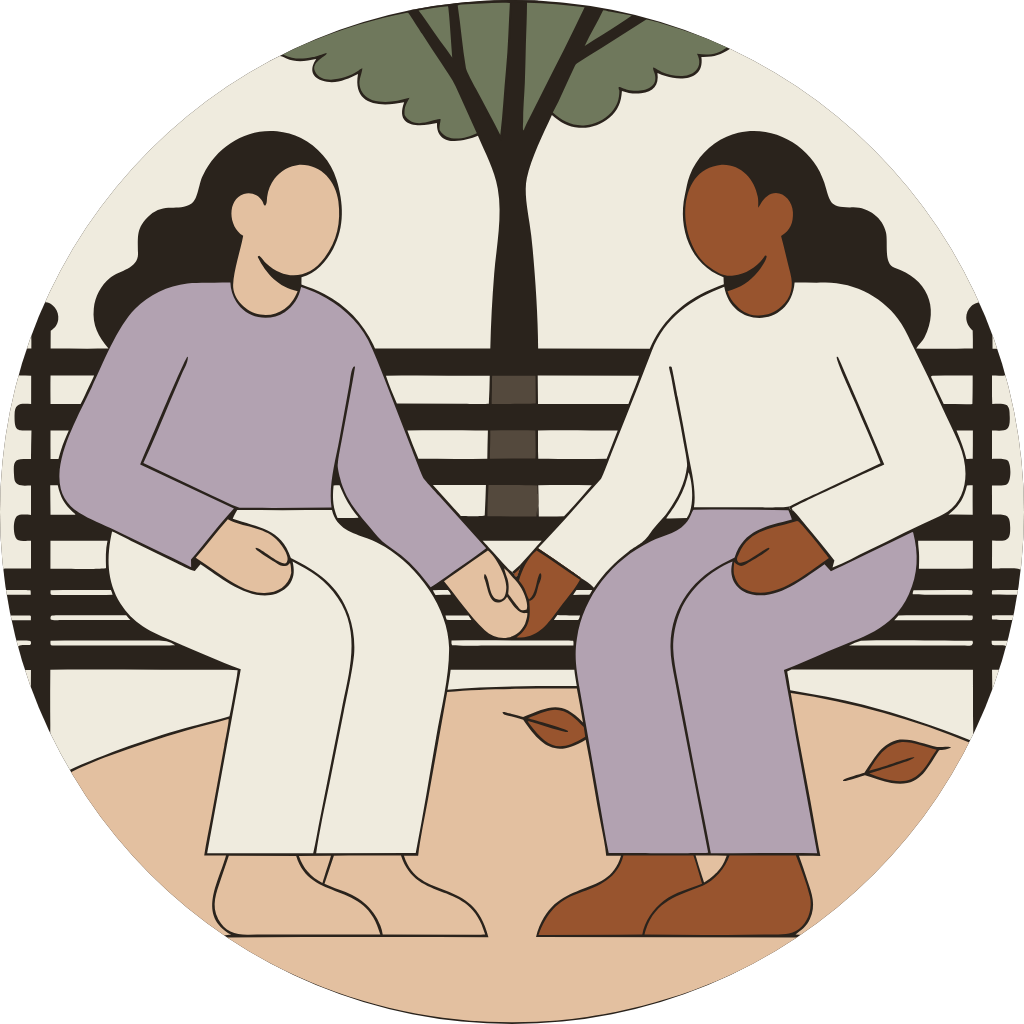 Illustration: two people on a park bench with hands nearly meeting