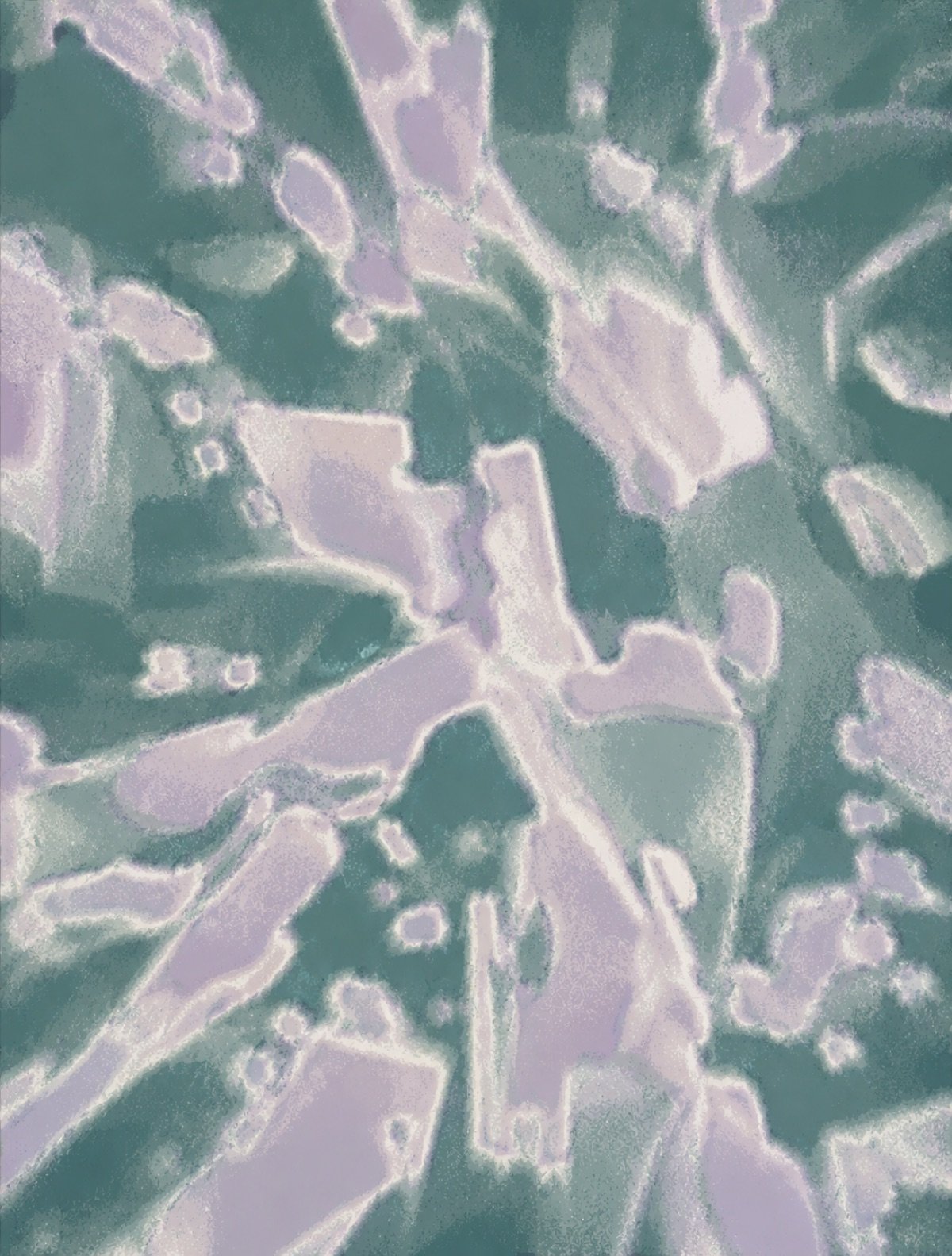 Painting: pale lilac shapes spreading across a deep green ground