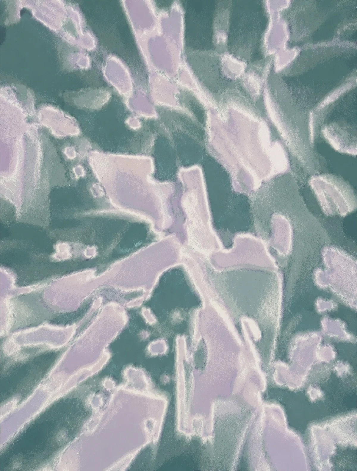 Painting: pale lilac shapes spreading across a deep green ground
