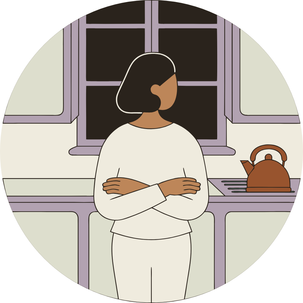 Illustration: a person standing by a kettle under a dark window
