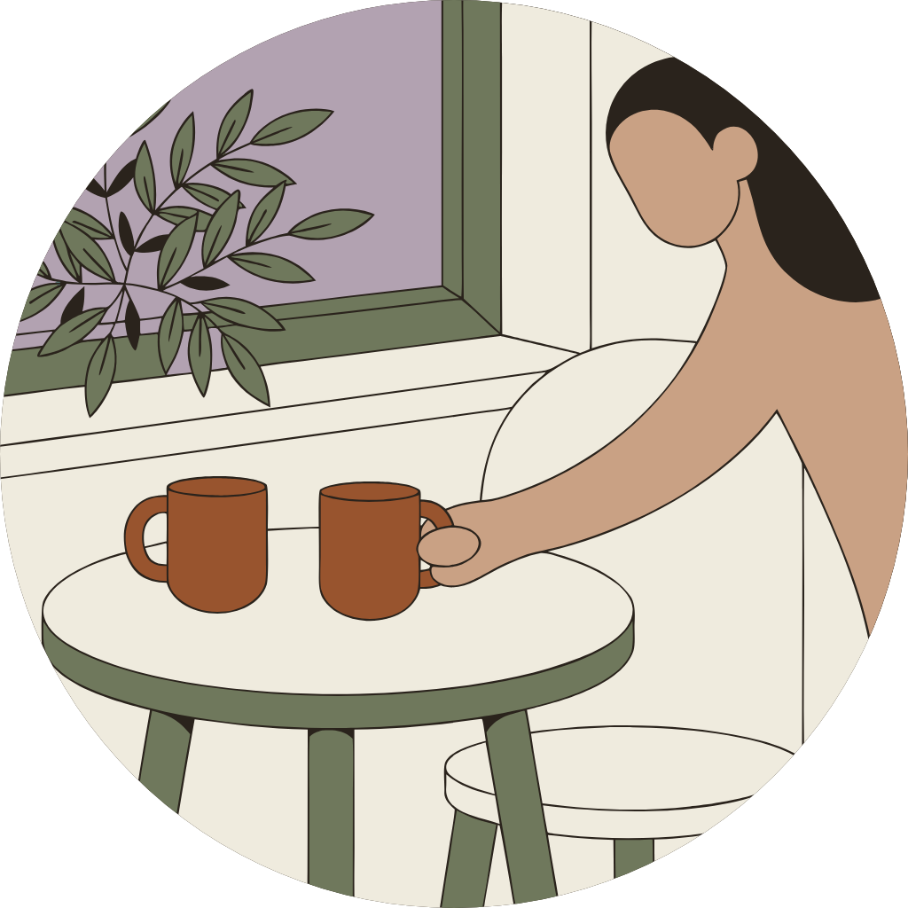 Illustration: a hand setting a second mug down at a small table