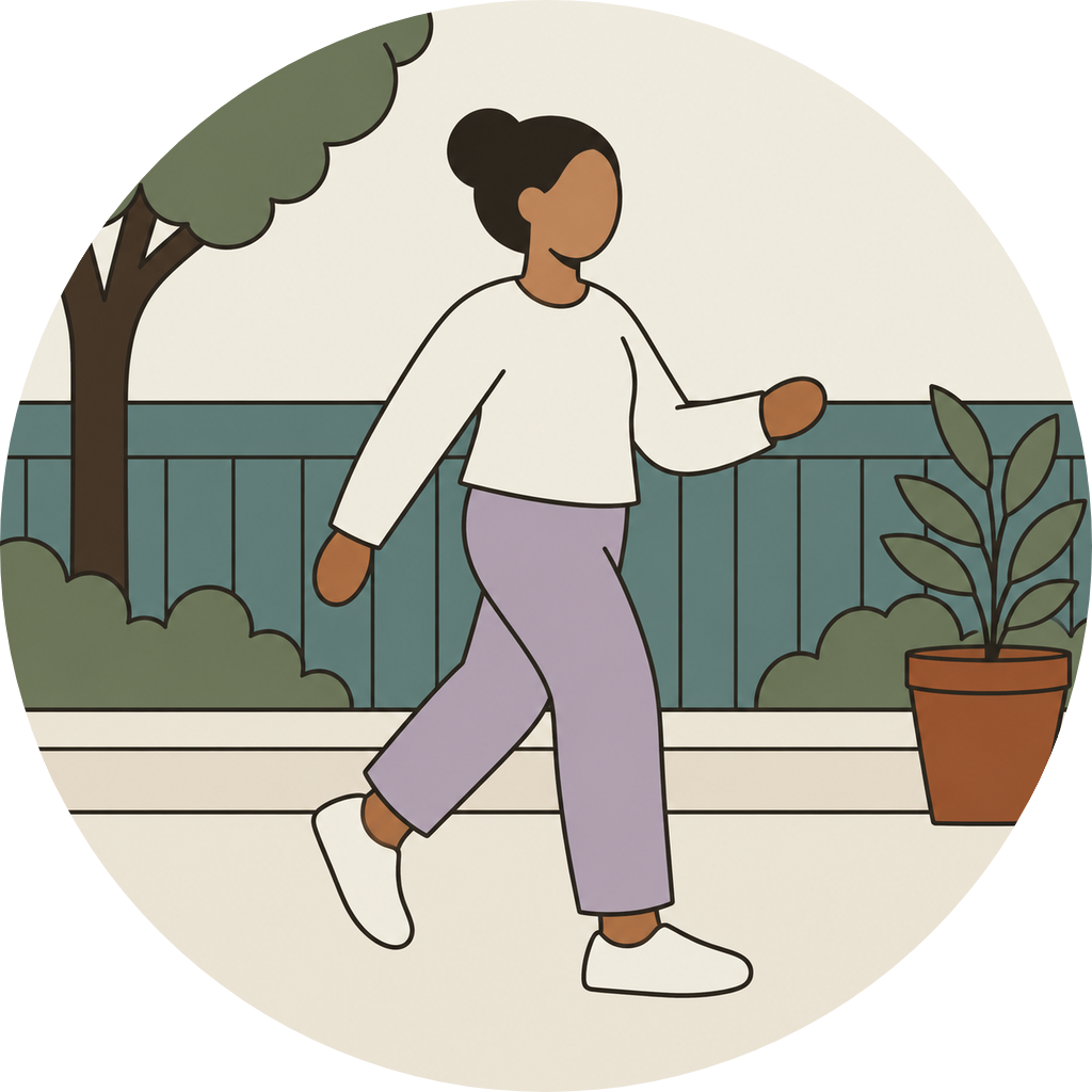 Illustration: a person walking outdoors past a fence, a tree and a potted plant