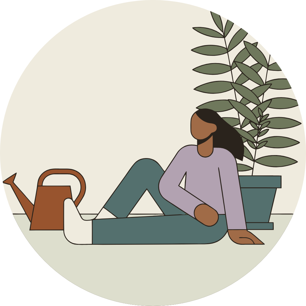 Illustration: person sitting near plant and watering can, representing somatic therapy in Brooklyn and the connection between mindfulness, body awareness, and emotional wellbeing.