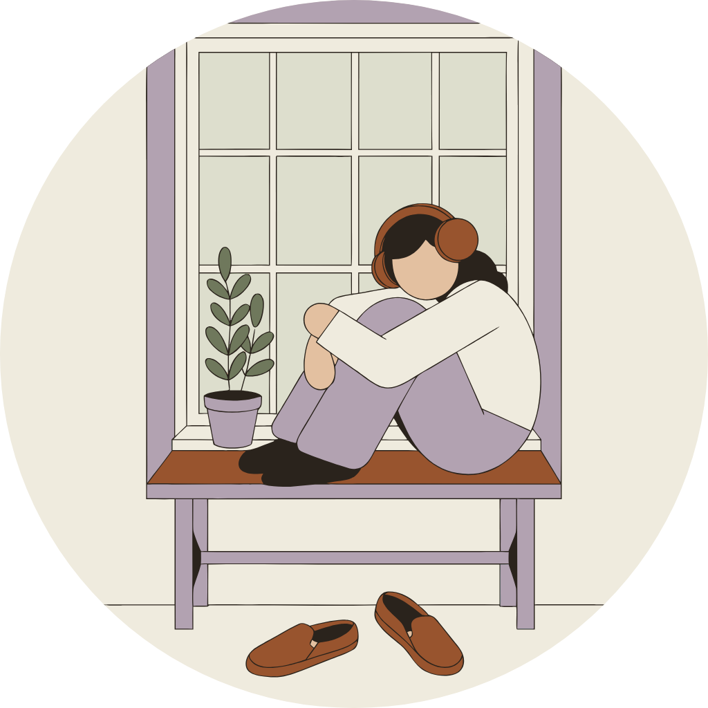 Illustration: a person sitting on a window seat wearing headphones