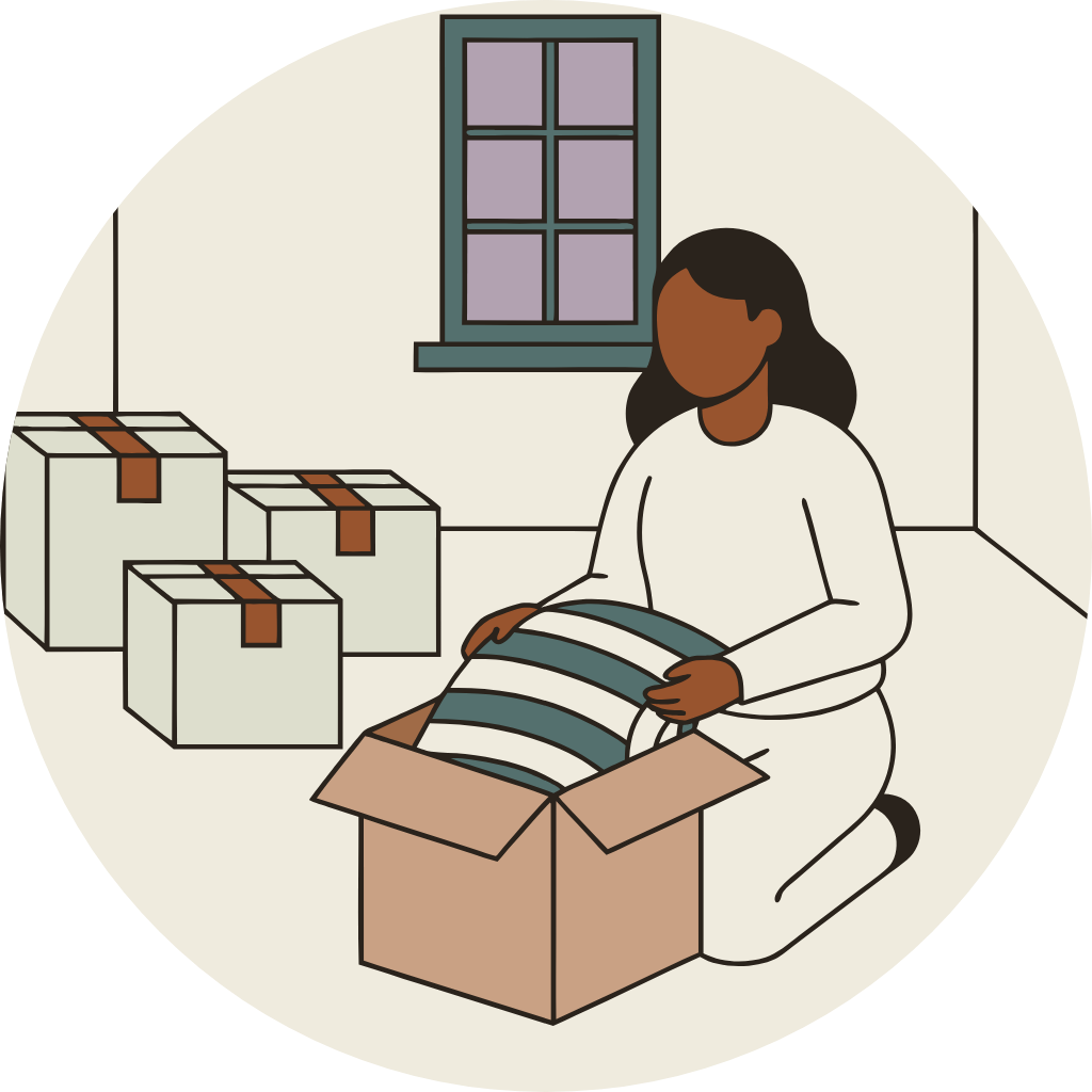 Illustration: a person kneeling beside three boxes, lifting folded cloth
