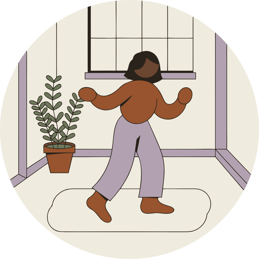 Illustration: a person dancing alone in a room beside a plant