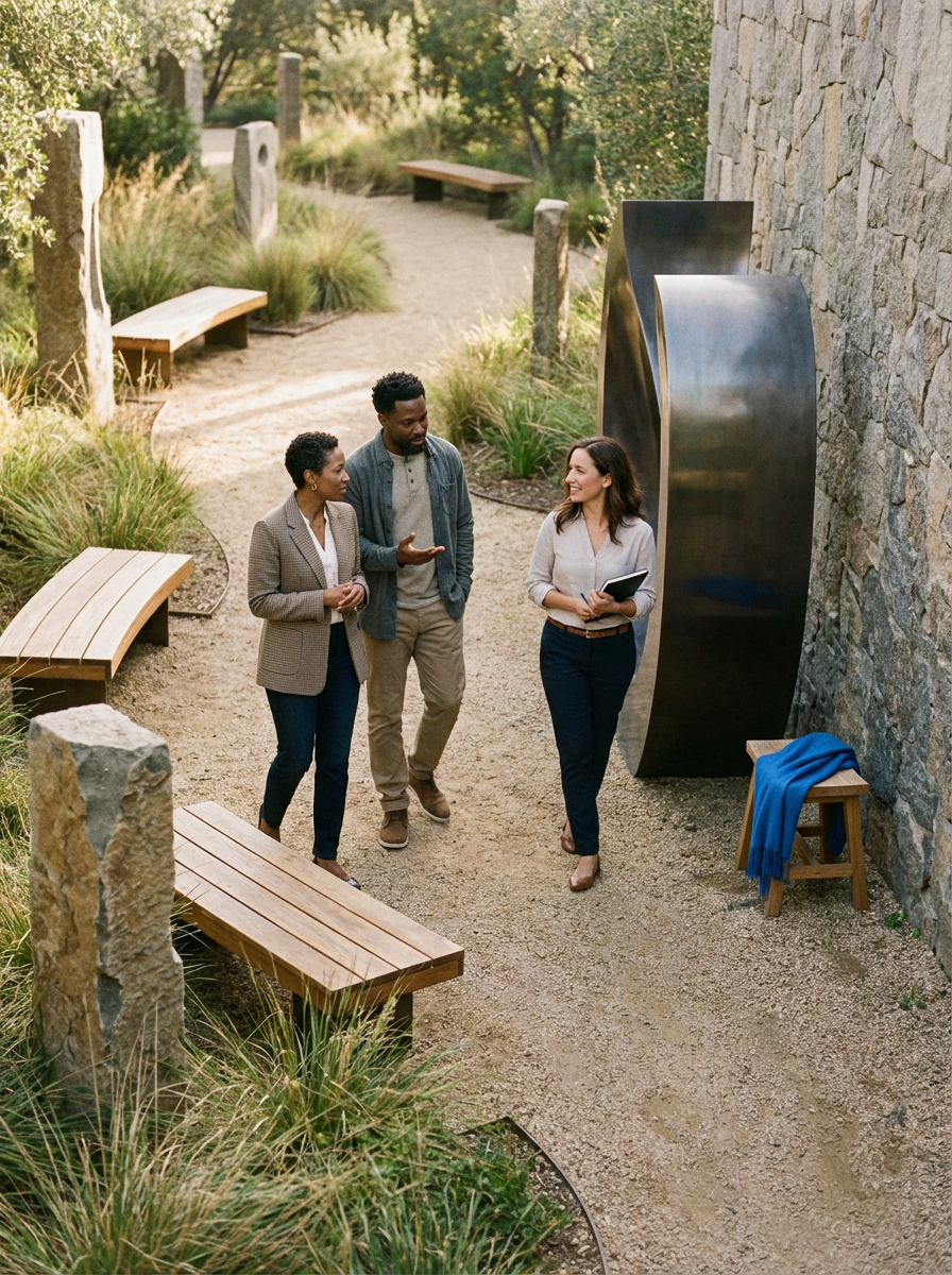 Three people having a conversation outdoors on a gravel path, with benches and greenery around, near a stone wall and modern art sculpture.