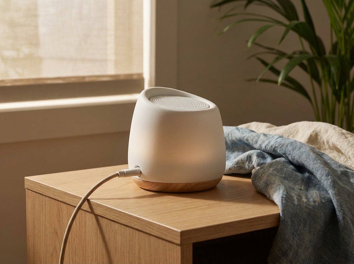 A modern white portable speaker with a wooden base sitting on a wooden bedside table, next to a bed with a gray blanket, near a window with blinds and a green plant in the background.