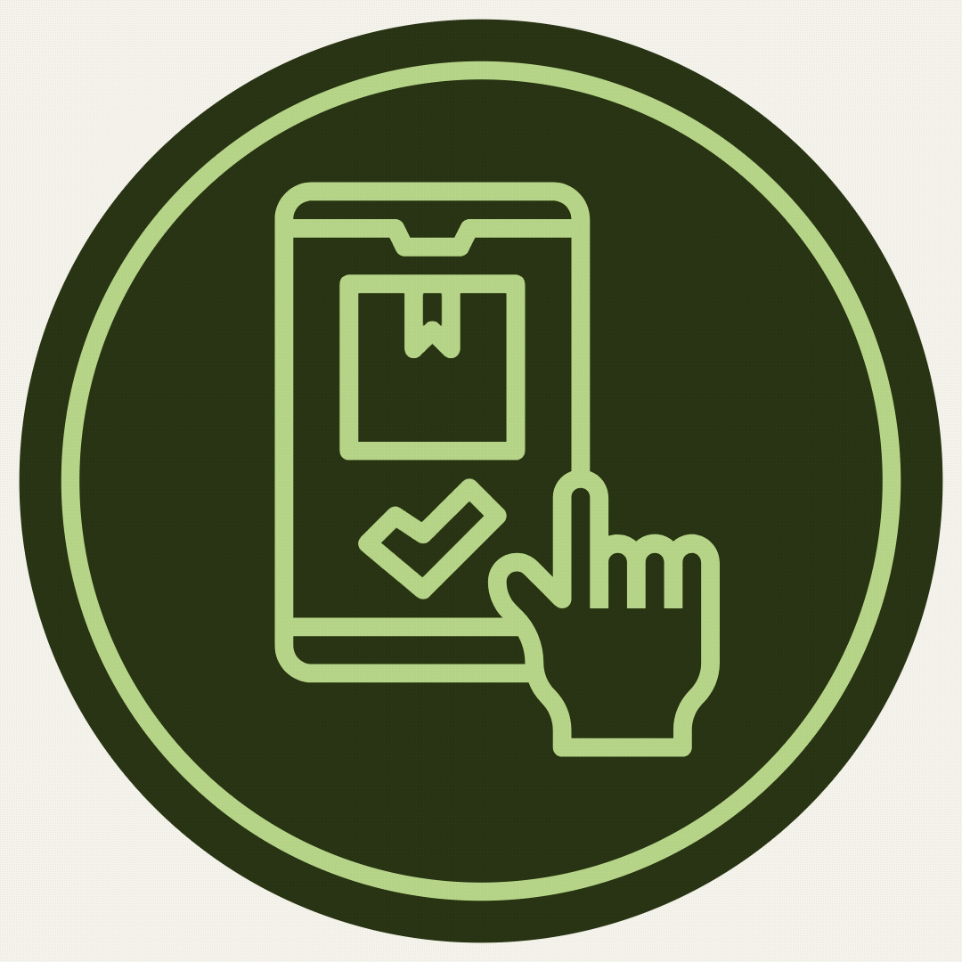 Icon of a person tapping a smartphone screen with a checkmark and a box on it, indicating mobile checkout or mobile confirmation process.