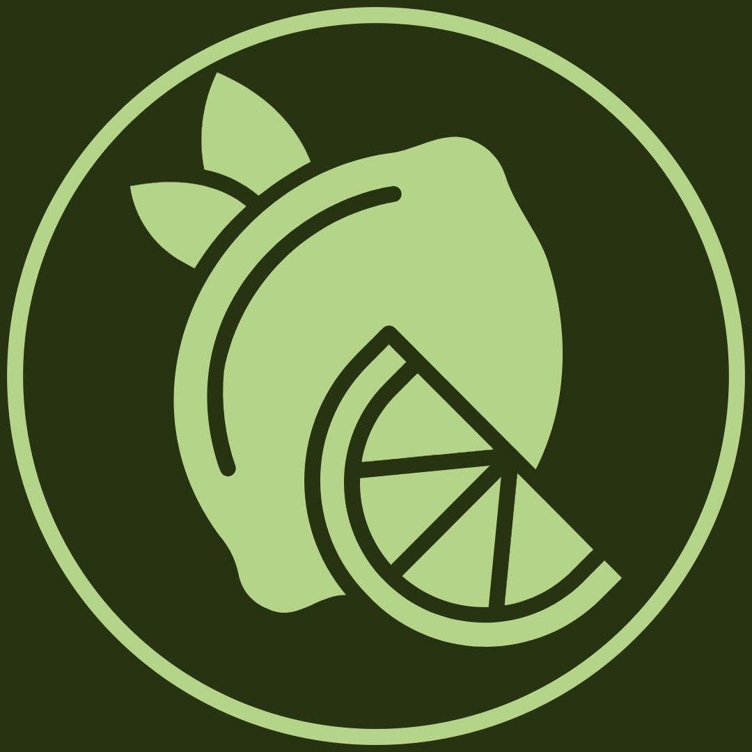 Icon of a lemon with a slice cut out of it, inside a circular border.