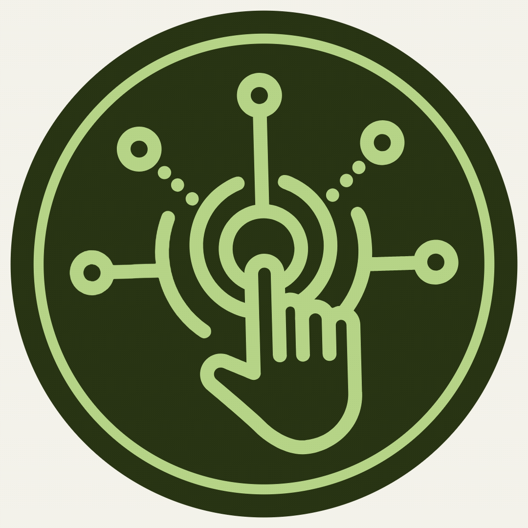 Icon of a technology or digital interface with a hand pressing a button or touchpoint, surrounded by connecting nodes, in green on a dark background.