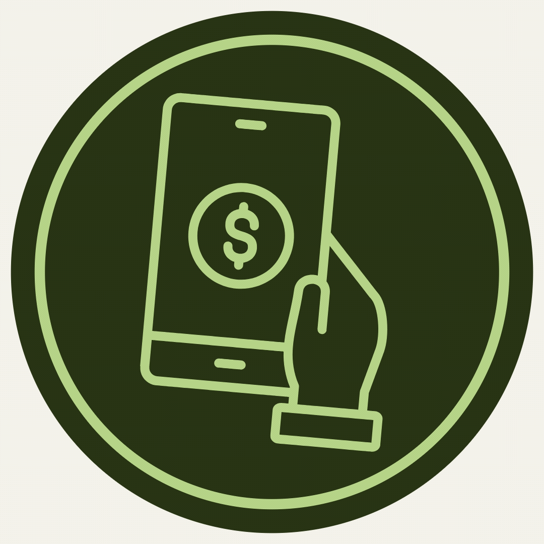 Icon of a hand holding a smartphone with a dollar sign on the screen, all within a circular border.