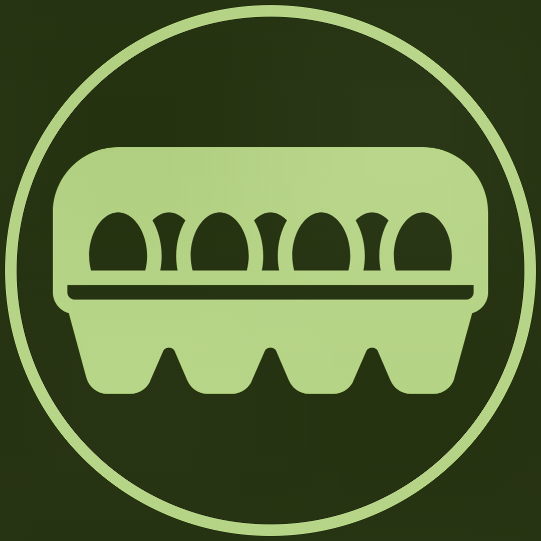 Icon of a carton of eggs with 6 eggs inside, displayed in shades of green.