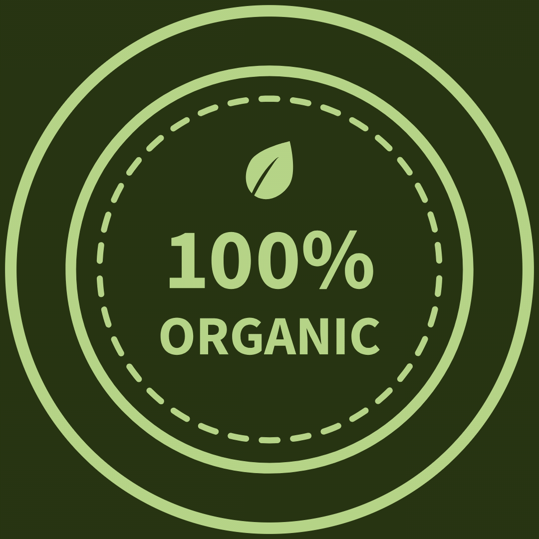 A green circular badge with the words '100% Organic' and a leaf icon in the center.