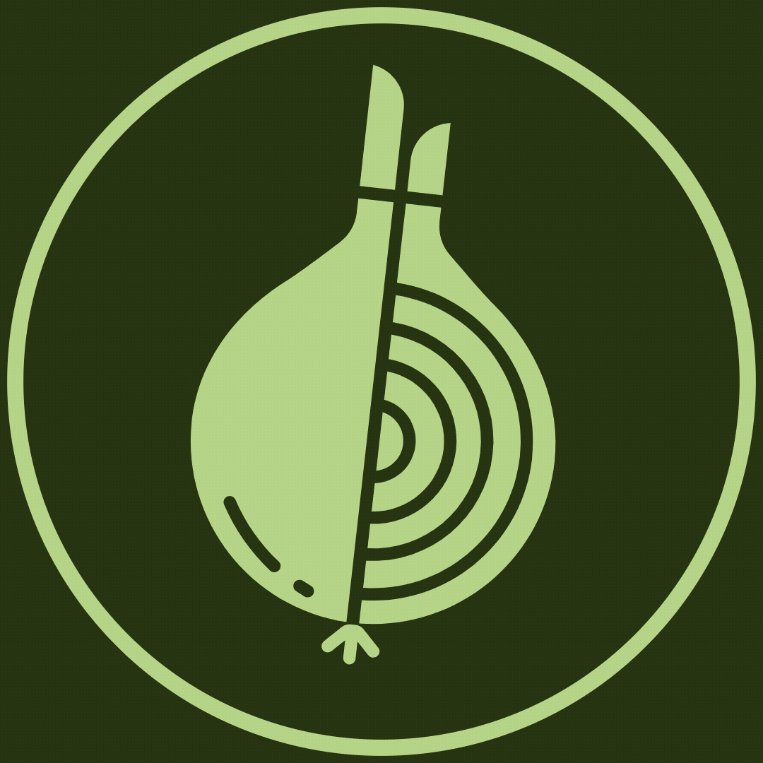 A stylized graphic of an onion with one half showing the outer layers and the other half showing the internal rings.