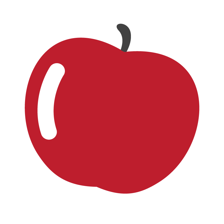 A cartoon illustration of a red apple with a black stem and a black highlight on its surface.