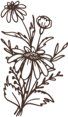 Line drawing of a bouquet of wildflowers with leaves and various blooms. Field of Florence Submark Logo.