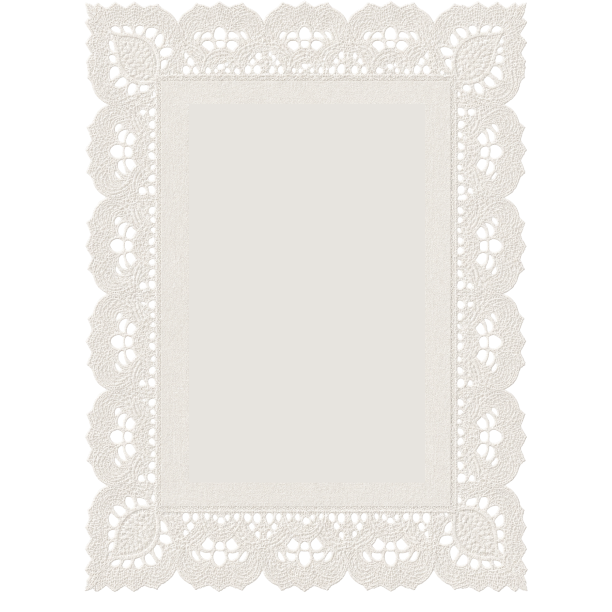 A decorative square paper doily with intricate lace pattern and scalloped edges.