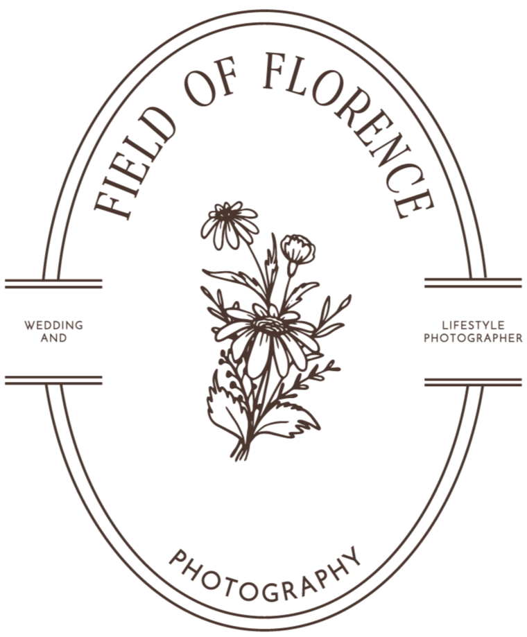 Logo for Field of Florence Photography featuring a line drawing of flowers inside an oval shape with text indicating wedding, lifestyle, and photographer services.