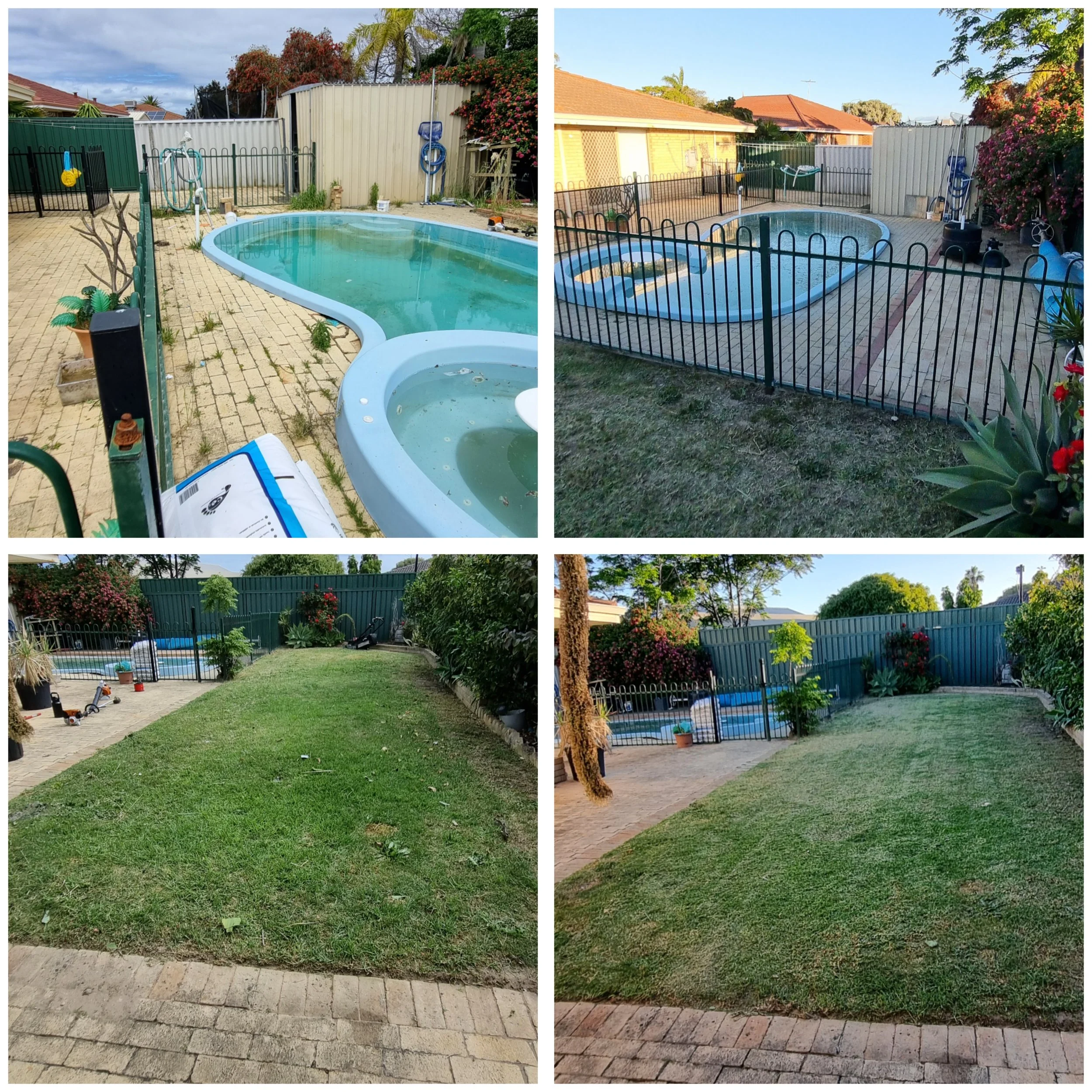 Lawn mowed and weeds removed from pool area.