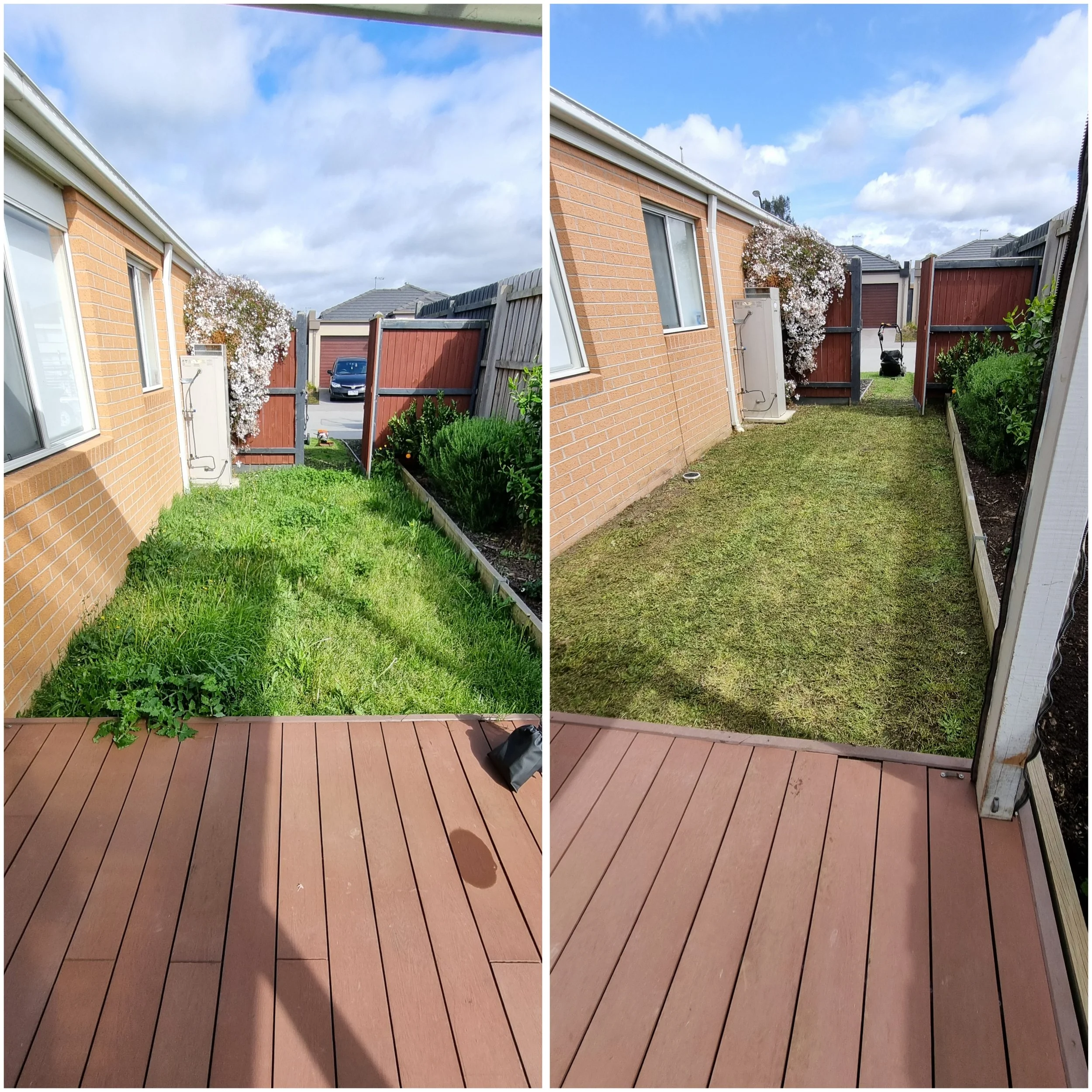 Side-by-side photos showing a backyard view, with the left photo having a brown wooden deck and the right photo showing a lawn with a corner of the deck in view. The background features a brick house, a wooden fence, a flowering shrub, a parked car, and a blue sky with clouds.