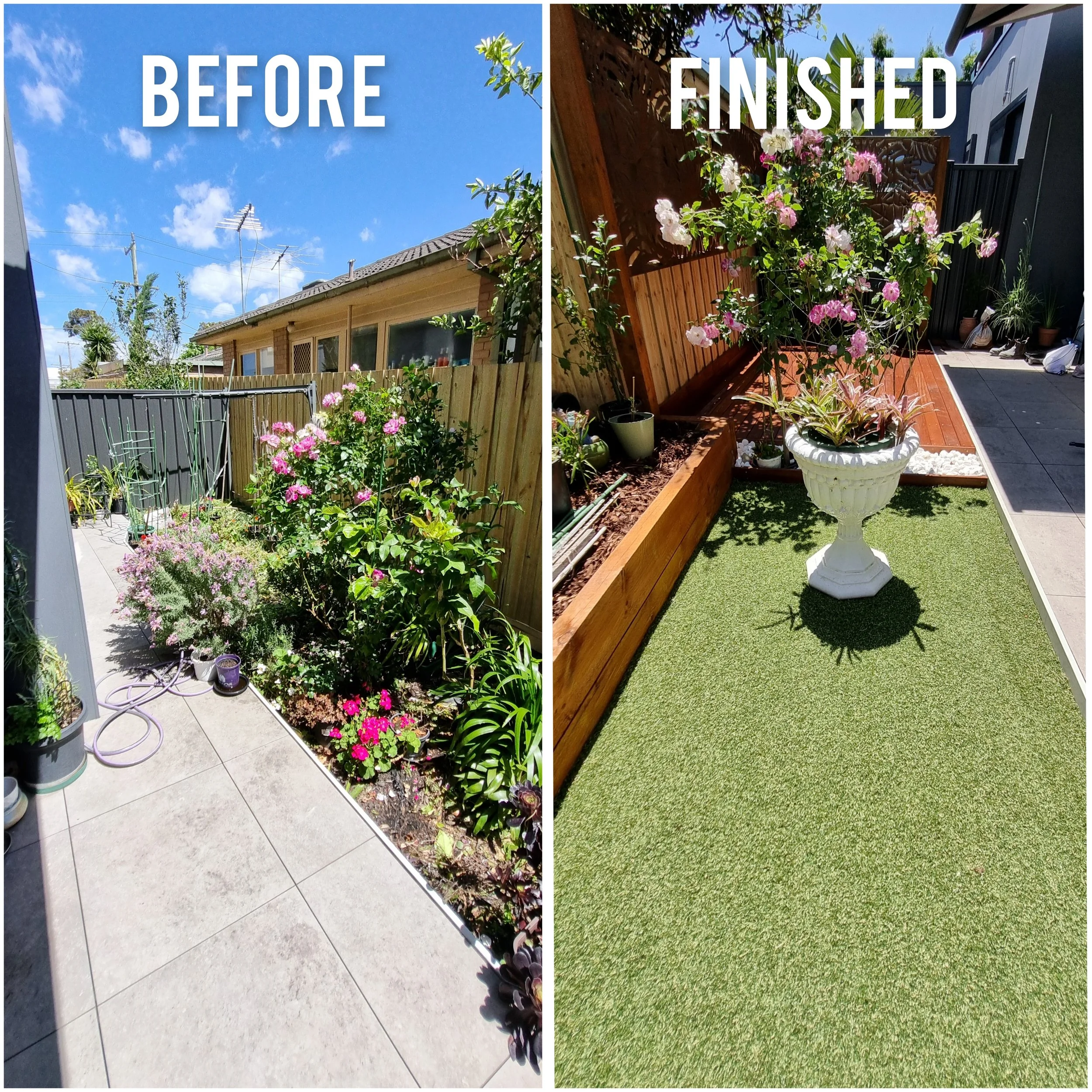 Side-by-side comparison of a backyard before and after landscaping. The left side shows a backyard with a concrete patio, garden beds with pink and purple flowers, a wooden fence, and a house with a tiled roof under a blue sky with clouds. The right side shows a transformed backyard with artificial green grass, potted plants, a decorative wooden privacy screen, and a large potted plant with pink and white flowers under a clear sky.