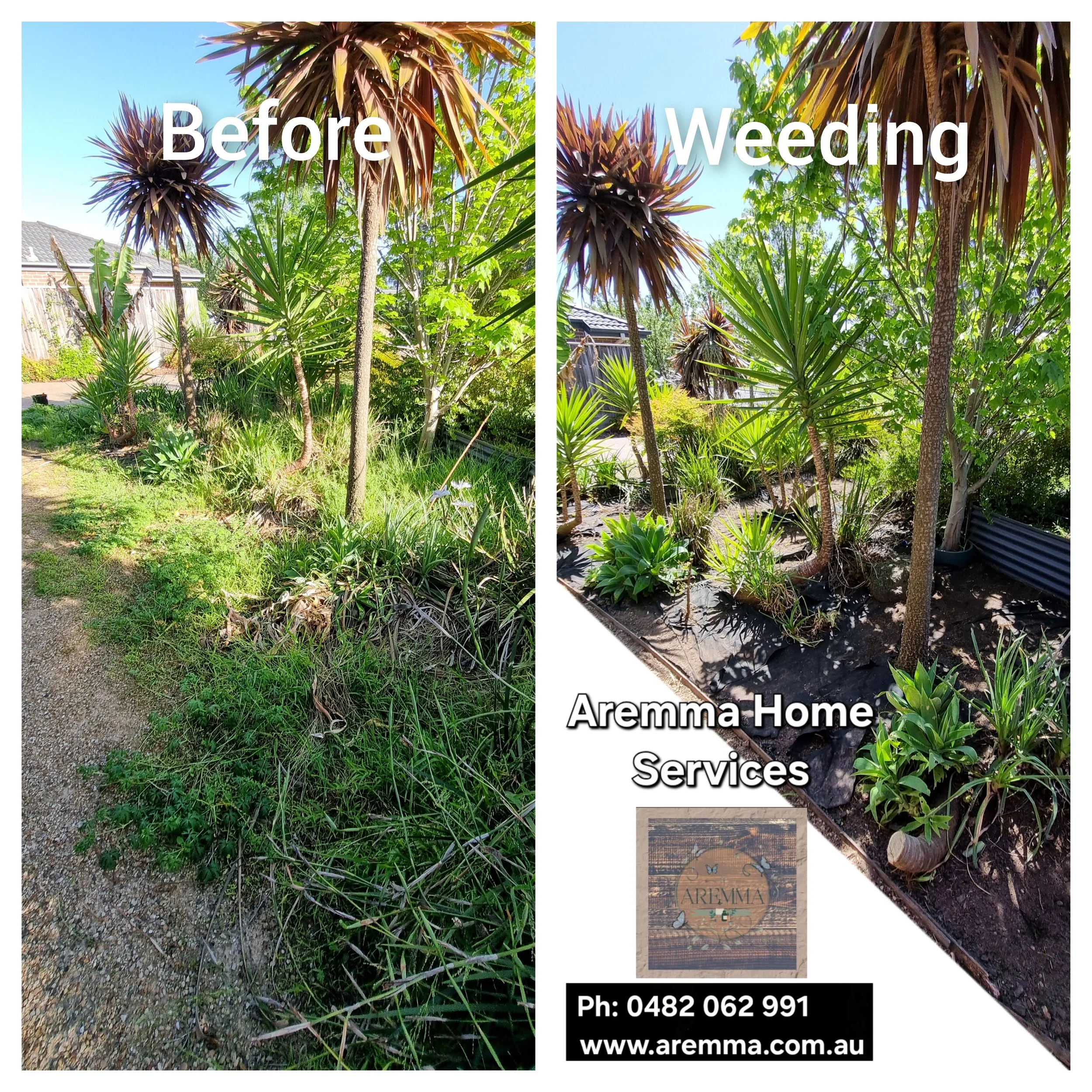 Comparison image showing a garden scene before and after weed removal. The left side shows overgrown weeds and plants, and the right side shows a tidier garden with weeds removed, with text overlay indicating services provided by Aremma Home Services.