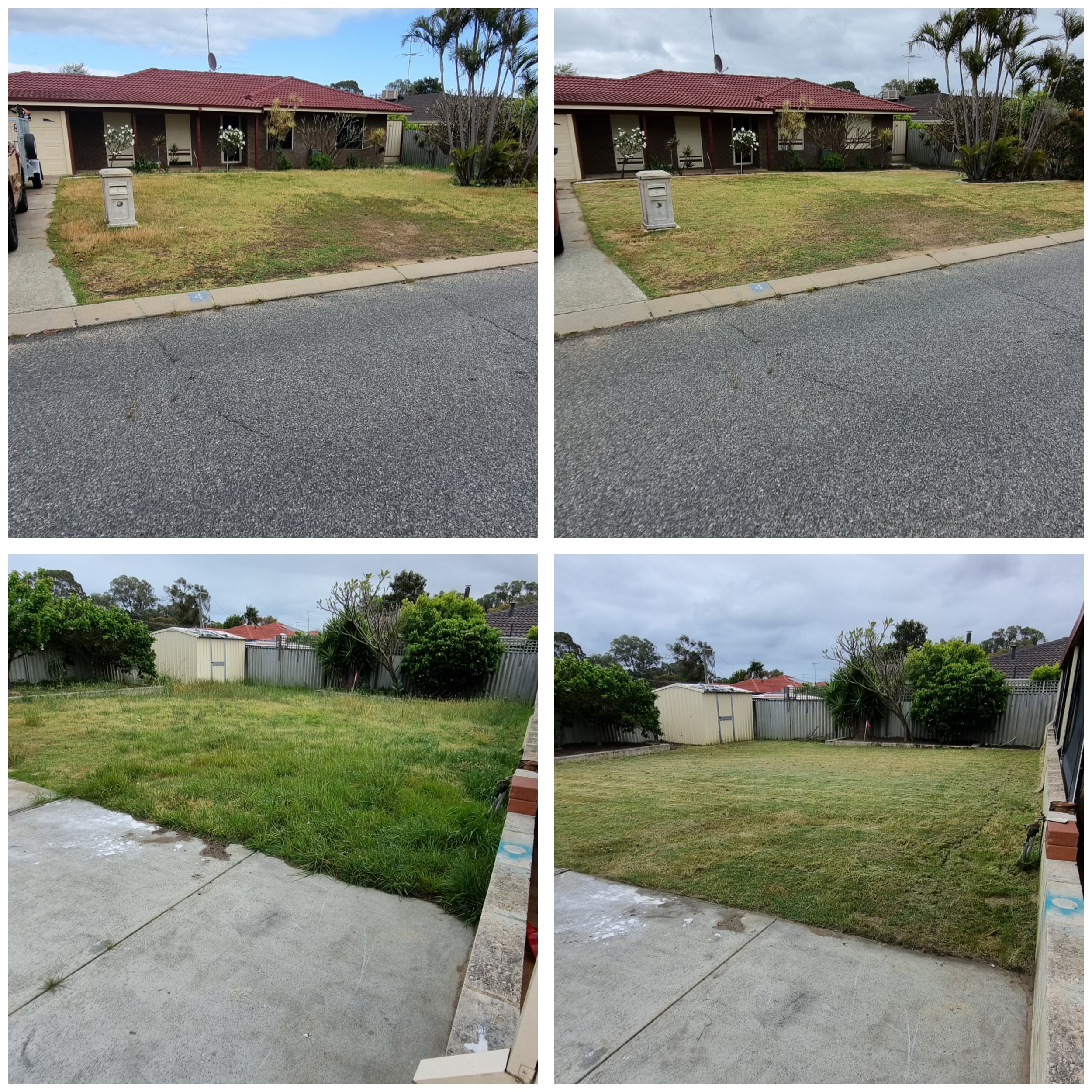 Side-by-side comparison of a front and backyard showing a lawn mowed.