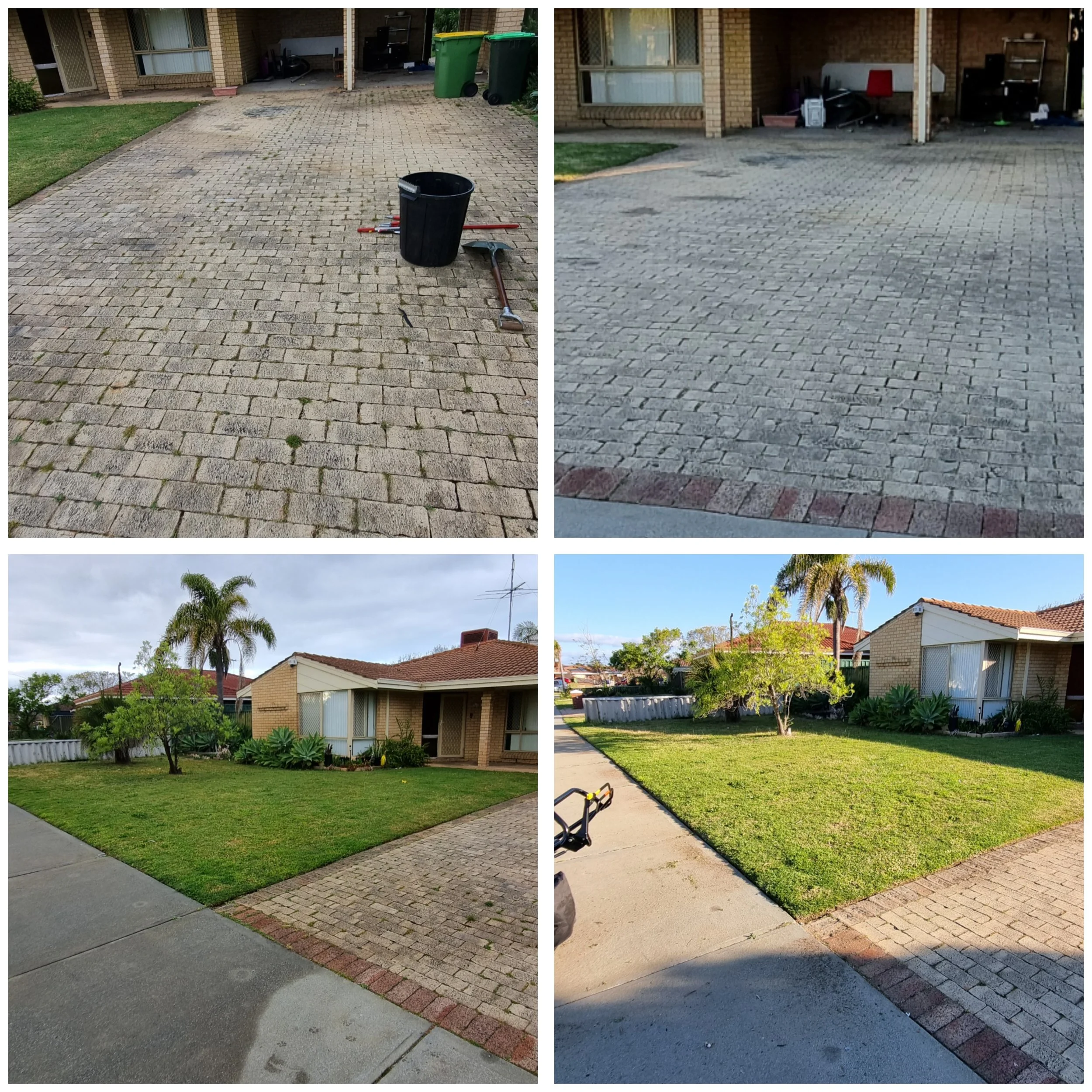 A collage of four before and after photos showing the cleaning and tidying up of a residential driveway and yard. The top row shows the driveway with scattered debris, then cleaned and organized; the bottom row features the yard with grass, trees, and shrubs, starting with overgrown plants and then neat and well-maintained.