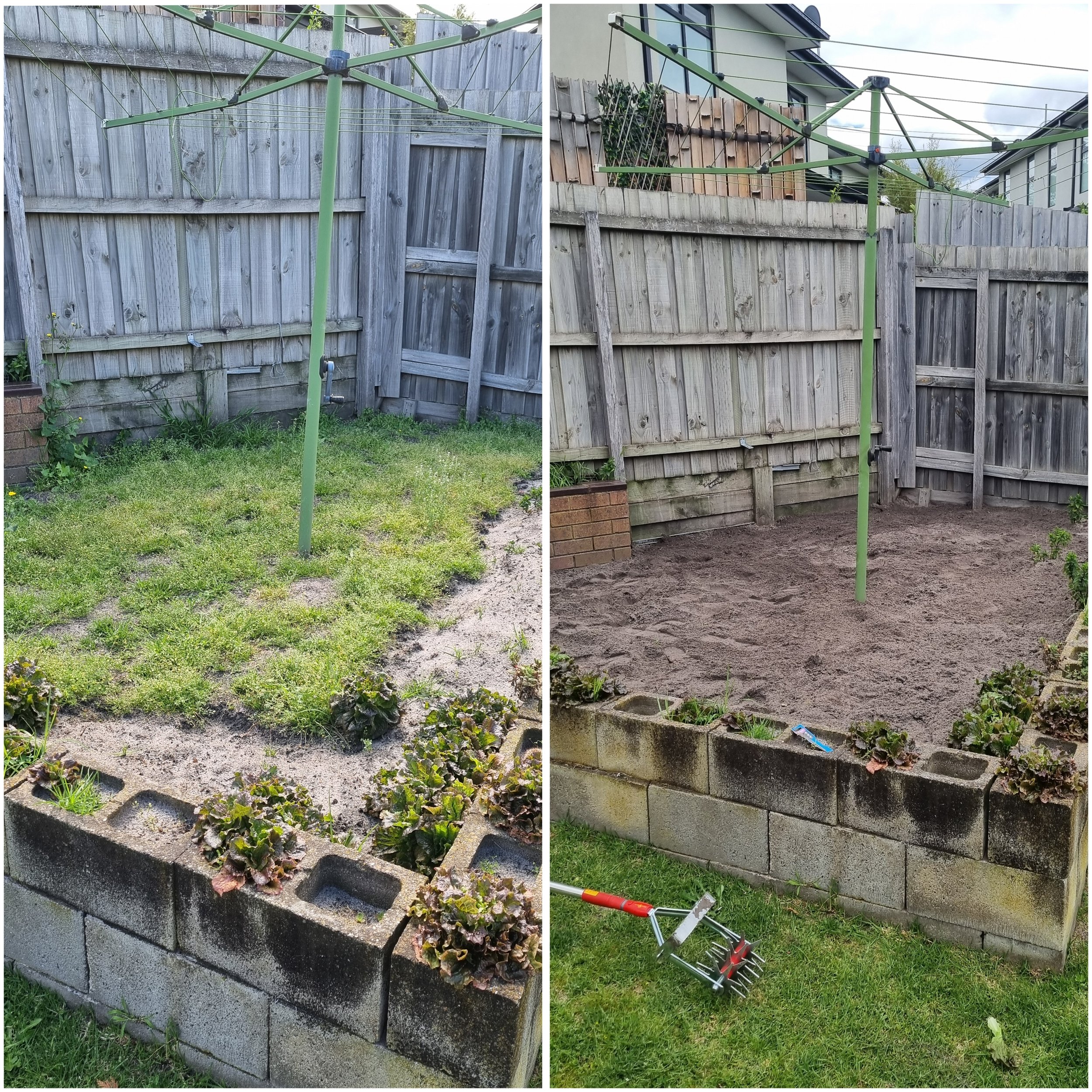 A side-by-side comparison of two backyard scenes featuring a green rotary clothesline, enclosed by a wooden fence, with a garden bed and a retaining wall in the foreground, and a building with windows and a balcony in the background.