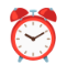 Red alarm clock with white face and black hands
